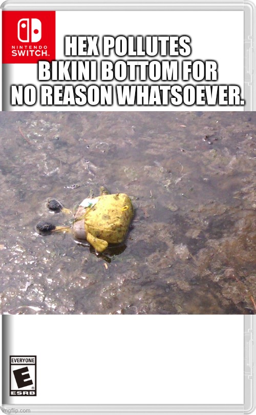 “he was bored”, at least... that’s what he said. | HEX POLLUTES BIKINI BOTTOM FOR NO REASON WHATSOEVER. | image tagged in nintendo switch | made w/ Imgflip meme maker