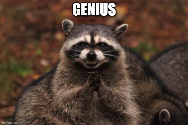 evil genius racoon | GENIUS | image tagged in evil genius racoon | made w/ Imgflip meme maker