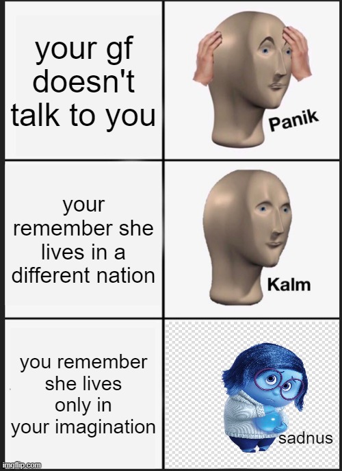 Panik Kalm Panik | your gf doesn't talk to you; your remember she lives in a different nation; you remember she lives only in your imagination; sadnus | image tagged in memes,panik kalm panik,fun,funny,meme,funny meme | made w/ Imgflip meme maker