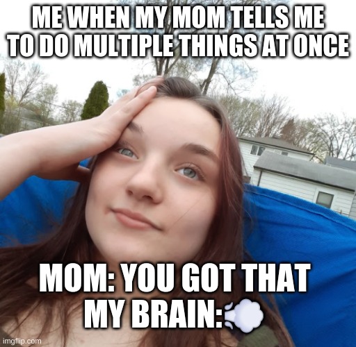me | ME WHEN MY MOM TELLS ME TO DO MULTIPLE THINGS AT ONCE; MOM: YOU GOT THAT
MY BRAIN:💨 | image tagged in awkward moment sealion,awkward moment | made w/ Imgflip meme maker