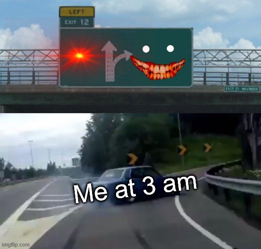 Left Exit 12 Off Ramp | Me at 3 am | image tagged in memes,left exit 12 off ramp | made w/ Imgflip meme maker