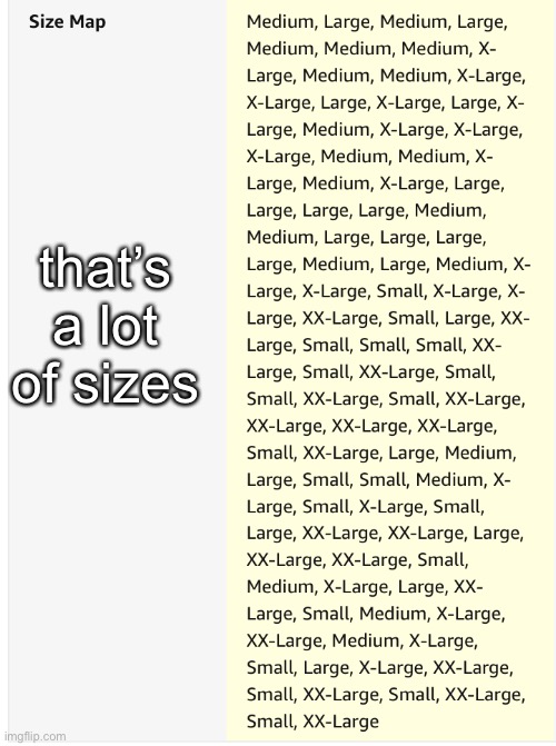 amazon idiots | that’s a lot of sizes | image tagged in amazon idiots | made w/ Imgflip meme maker