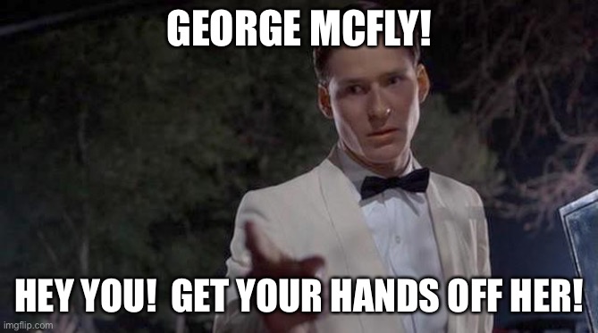 Hey you | GEORGE MCFLY! HEY YOU!  GET YOUR HANDS OFF HER! | image tagged in hey you | made w/ Imgflip meme maker