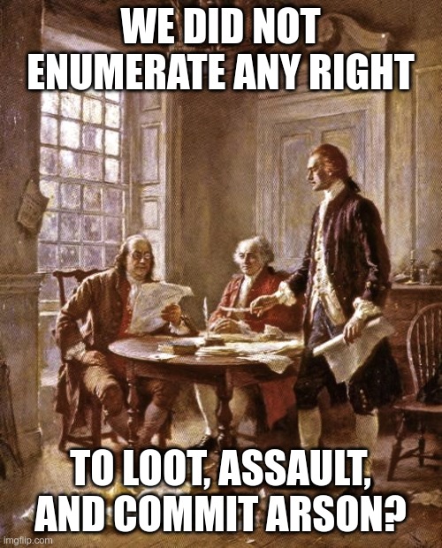 founding fathers | WE DID NOT ENUMERATE ANY RIGHT TO LOOT, ASSAULT, AND COMMIT ARSON? | image tagged in founding fathers | made w/ Imgflip meme maker