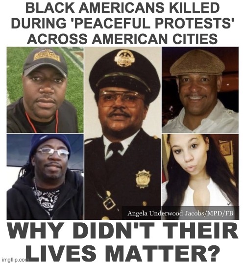 BLACK AMERICANS KILLED
DURING 'PEACEFUL PROTESTS'
ACROSS AMERICAN CITIES; WHY DIDN'T THEIR
LIVES MATTER? | image tagged in blm | made w/ Imgflip meme maker