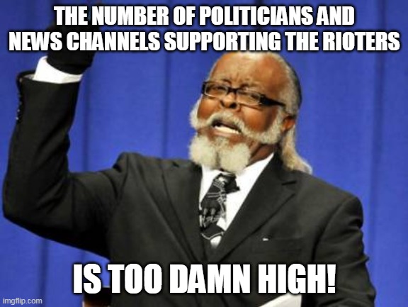 Too Damn High | THE NUMBER OF POLITICIANS AND NEWS CHANNELS SUPPORTING THE RIOTERS; IS TOO DAMN HIGH! | image tagged in memes,too damn high | made w/ Imgflip meme maker