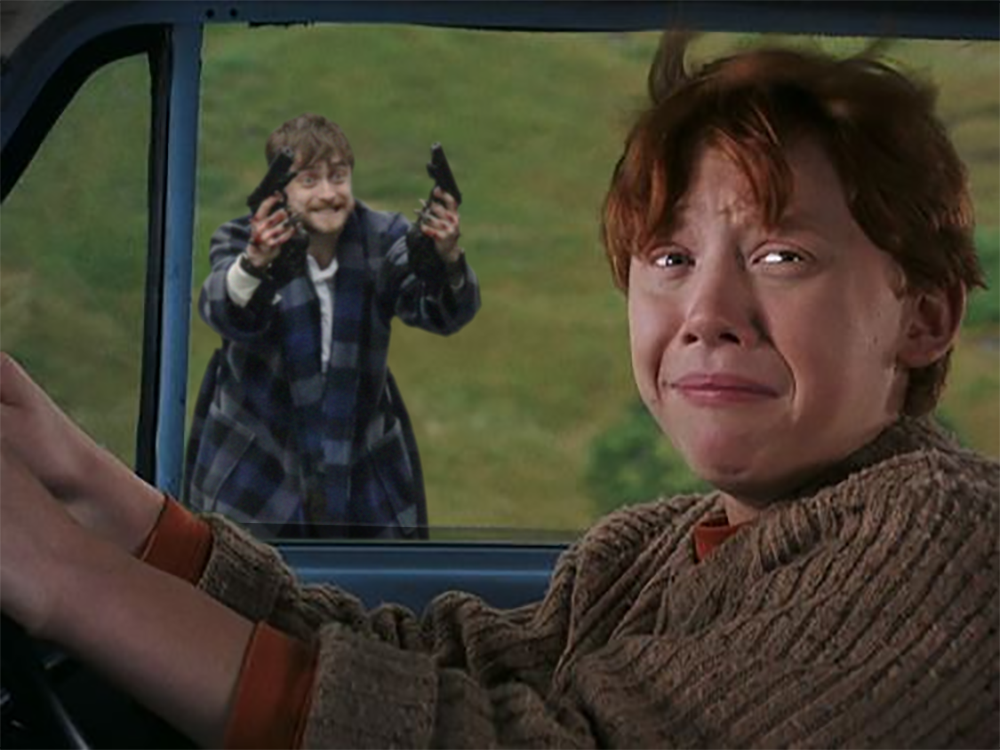 Harry with guns, scared Ron Blank Meme Template