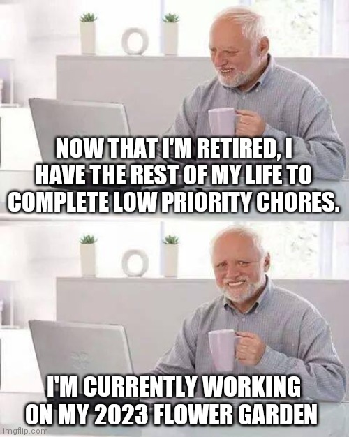 Hide the Pain Harold | NOW THAT I'M RETIRED, I HAVE THE REST OF MY LIFE TO COMPLETE LOW PRIORITY CHORES. I'M CURRENTLY WORKING ON MY 2023 FLOWER GARDEN | image tagged in memes,hide the pain harold | made w/ Imgflip meme maker