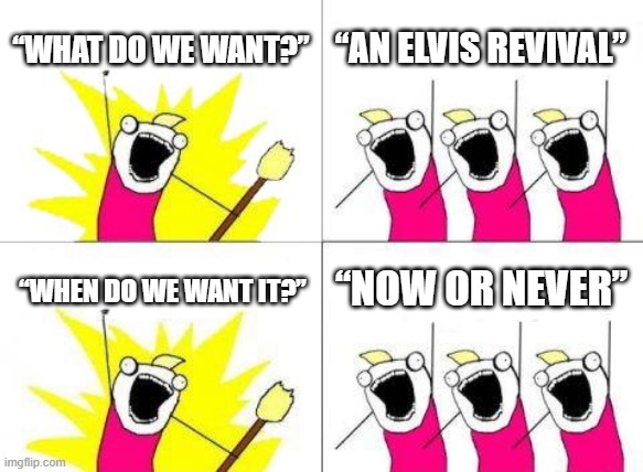 What Do We Want | “WHAT DO WE WANT?”; “AN ELVIS REVIVAL”; “NOW OR NEVER”; “WHEN DO WE WANT IT?” | image tagged in memes,what do we want | made w/ Imgflip meme maker