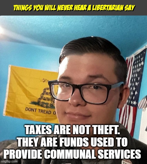 Things you will never hear a Libertarian Say | TAXES ARE NOT THEFT. THEY ARE FUNDS USED TO PROVIDE COMMUNAL SERVICES | image tagged in things you will never hear a libertarian say | made w/ Imgflip meme maker