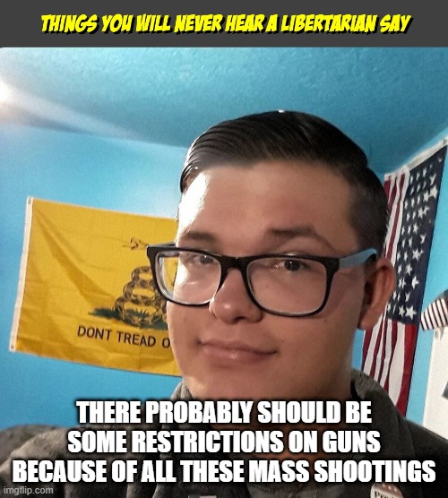 Things you will never hear a Libertarian Say | THERE PROBABLY SHOULD BE SOME RESTRICTIONS ON GUNS BECAUSE OF ALL THESE MASS SHOOTINGS | image tagged in things you will never hear a libertarian say | made w/ Imgflip meme maker