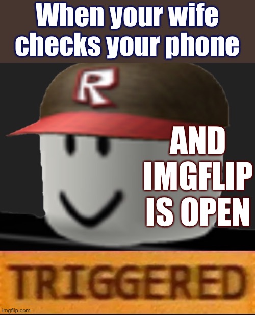 When this happens. | When your wife checks your phone; AND IMGFLIP IS OPEN | image tagged in roblox triggered,wife,triggered,uh oh,first world imgflip problems,the daily struggle imgflip edition | made w/ Imgflip meme maker