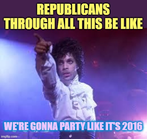 2020 | REPUBLICANS THROUGH ALL THIS BE LIKE; WE'RE GONNA PARTY LIKE IT'S 2016 | image tagged in prince,2020,republicans | made w/ Imgflip meme maker