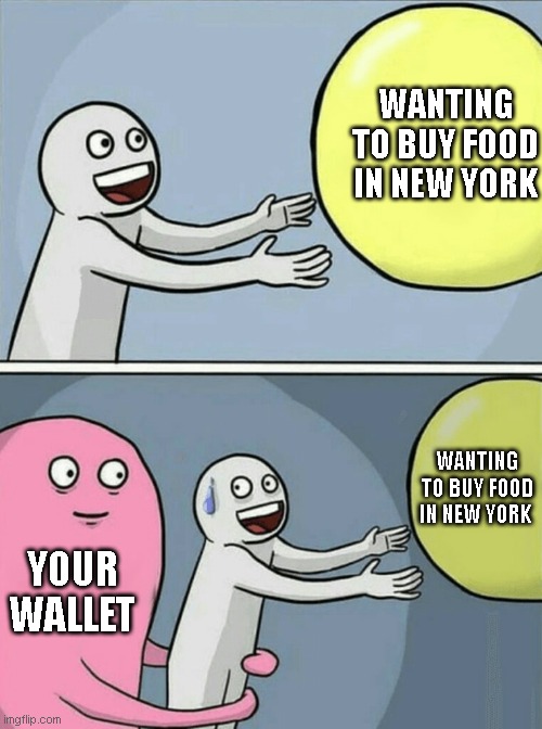life in NYC | WANTING TO BUY FOOD IN NEW YORK; WANTING TO BUY FOOD IN NEW YORK; YOUR WALLET | image tagged in memes,running away balloon | made w/ Imgflip meme maker