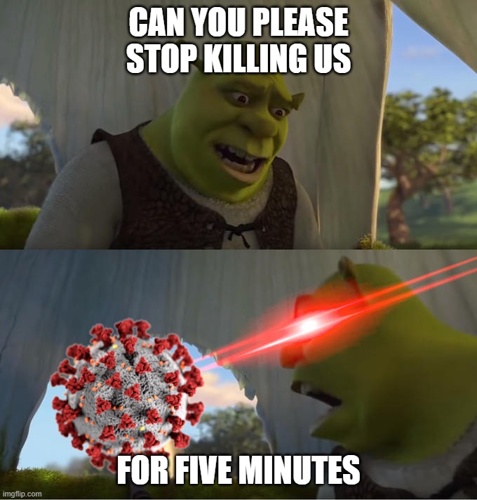 Will he ever leave us alone | CAN YOU PLEASE STOP KILLING US; FOR FIVE MINUTES | image tagged in shrek for five minutes | made w/ Imgflip meme maker