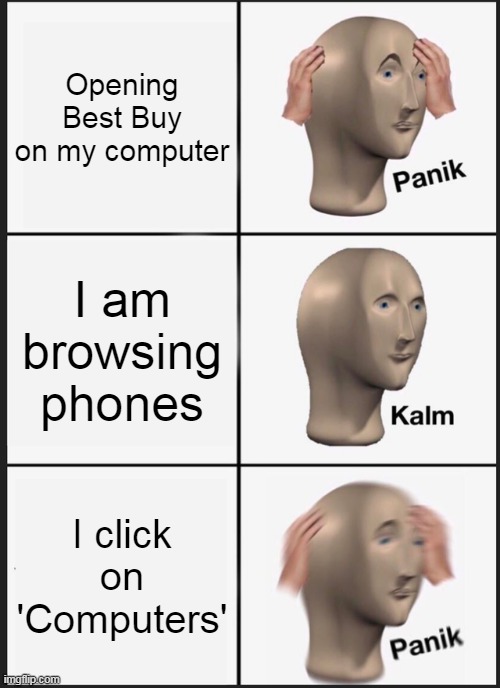 My Comuter | Opening Best Buy on my computer; I am browsing phones; I click on 'Computers' | image tagged in memes,panik kalm panik | made w/ Imgflip meme maker