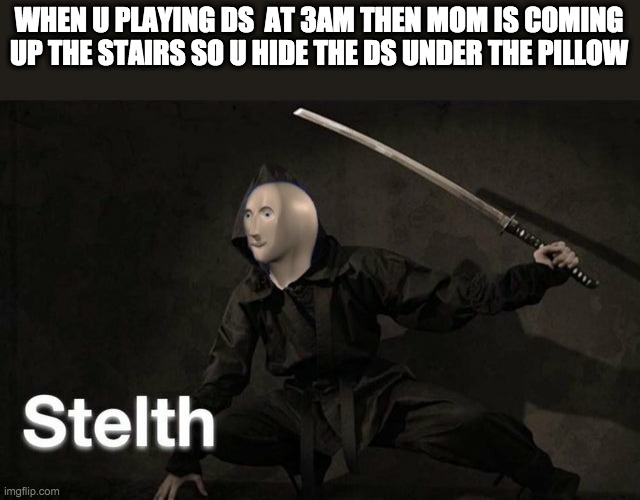 Stelth | WHEN U PLAYING DS  AT 3AM THEN MOM IS COMING UP THE STAIRS SO U HIDE THE DS UNDER THE PILLOW | image tagged in stelth | made w/ Imgflip meme maker