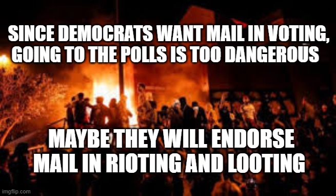 Mail in rioting and looting | SINCE DEMOCRATS WANT MAIL IN VOTING, GOING TO THE POLLS IS TOO DANGEROUS; MAYBE THEY WILL ENDORSE MAIL IN RIOTING AND LOOTING | image tagged in riots,looting,democrats | made w/ Imgflip meme maker