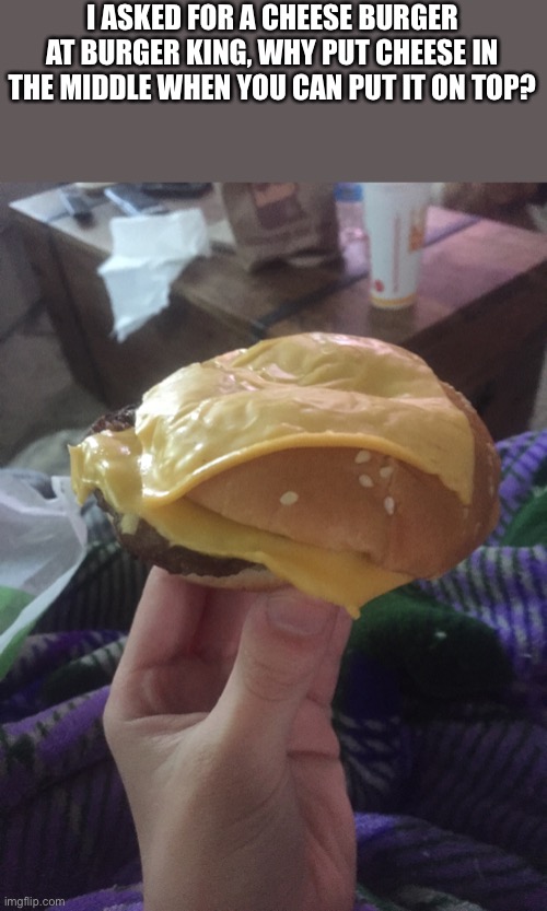 Cheeseburger | I ASKED FOR A CHEESE BURGER AT BURGER KING, WHY PUT CHEESE IN THE MIDDLE WHEN YOU CAN PUT IT ON TOP? | image tagged in burger cheese,chesse,burger king,new,memes,burgerking | made w/ Imgflip meme maker