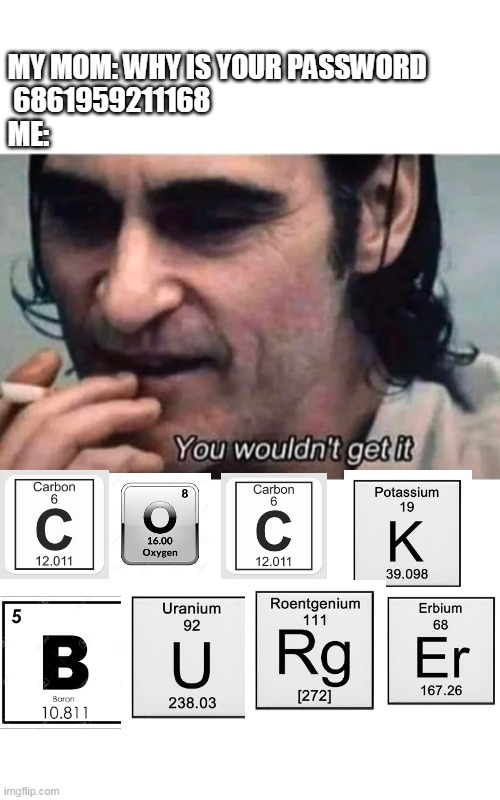 cock burger | MY MOM: WHY IS YOUR PASSWORD
 6861959211168
ME: | image tagged in you wouldn't get it | made w/ Imgflip meme maker