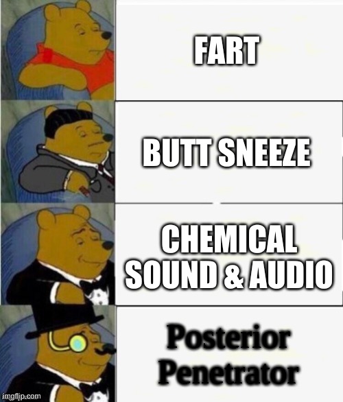 Winnie the "POO" | FART; BUTT SNEEZE; CHEMICAL SOUND & AUDIO; Posterior Penetrator | image tagged in tuxedo winnie the pooh 4 panel | made w/ Imgflip meme maker