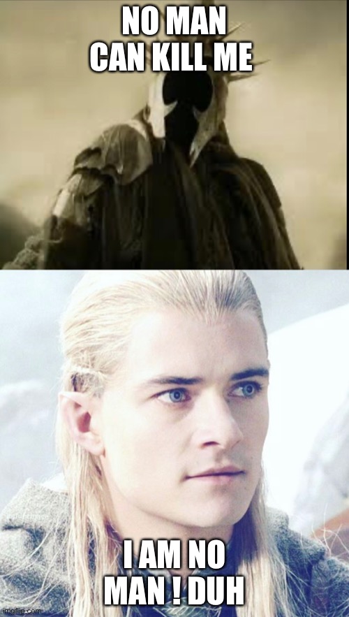 Legolas is the man | NO MAN CAN KILL ME; I AM NO MAN ! DUH | image tagged in lord of the rings,legolas,mordor | made w/ Imgflip meme maker