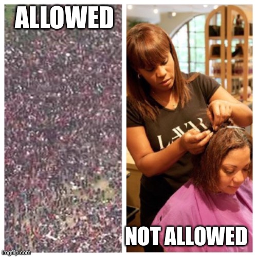 Allowed not allowed | ALLOWED; NOT ALLOWED | image tagged in essential,covid,hairstylist,hair,social distancing | made w/ Imgflip meme maker