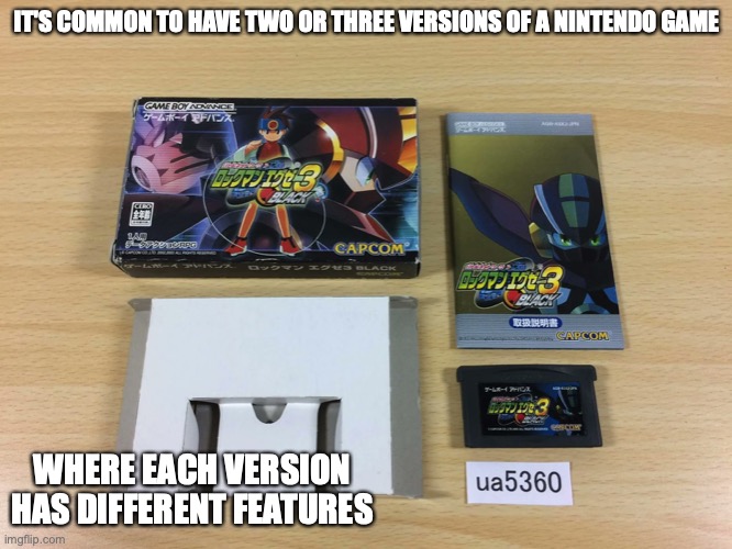 Megaman Battle Network 3 Black | IT'S COMMON TO HAVE TWO OR THREE VERSIONS OF A NINTENDO GAME; WHERE EACH VERSION HAS DIFFERENT FEATURES | image tagged in megaman battle network,megaman,memes,gaming | made w/ Imgflip meme maker