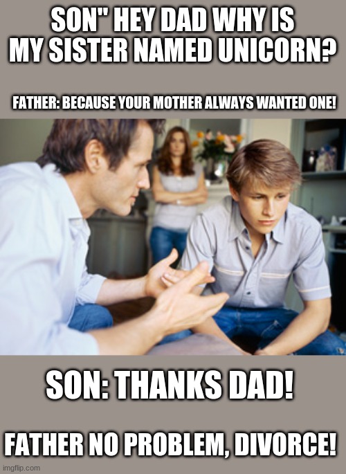lol (this is kinda sad tho...) | SON" HEY DAD WHY IS MY SISTER NAMED UNICORN? FATHER: BECAUSE YOUR MOTHER ALWAYS WANTED ONE! SON: THANKS DAD! FATHER NO PROBLEM, DIVORCE! | image tagged in dad and son,meme,divorce,lol | made w/ Imgflip meme maker