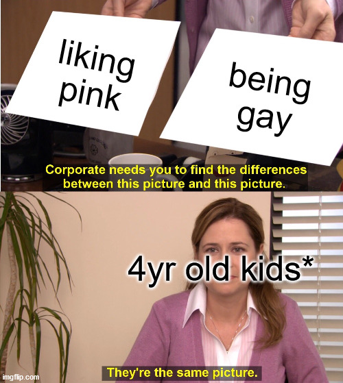 4yr meme | liking pink; being gay; 4yr old kids* | image tagged in memes,they're the same picture | made w/ Imgflip meme maker