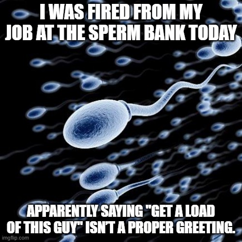 Spermerous | I WAS FIRED FROM MY JOB AT THE SPERM BANK TODAY; APPARENTLY SAYING "GET A LOAD OF THIS GUY" ISN’T A PROPER GREETING. | image tagged in spermatozoon | made w/ Imgflip meme maker
