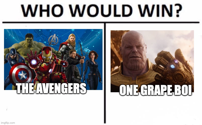 Who Would Win? | THE AVENGERS; ONE GRAPE BOI | image tagged in memes,who would win | made w/ Imgflip meme maker