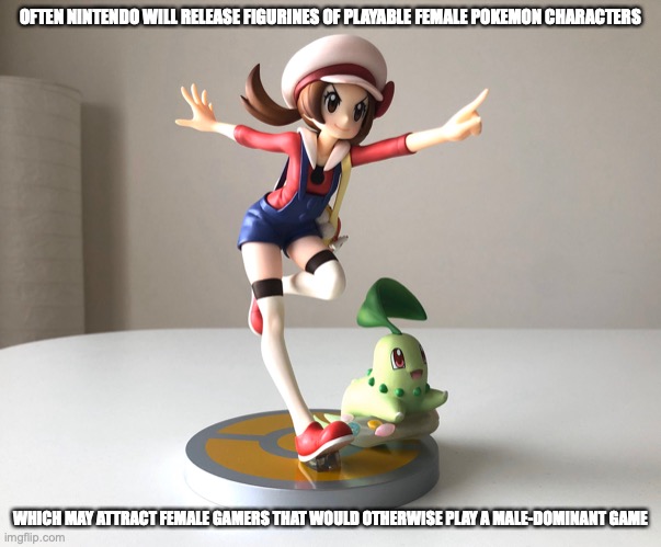 Lyra Figurine | OFTEN NINTENDO WILL RELEASE FIGURINES OF PLAYABLE FEMALE POKEMON CHARACTERS; WHICH MAY ATTRACT FEMALE GAMERS THAT WOULD OTHERWISE PLAY A MALE-DOMINANT GAME | image tagged in pokemon,memes | made w/ Imgflip meme maker