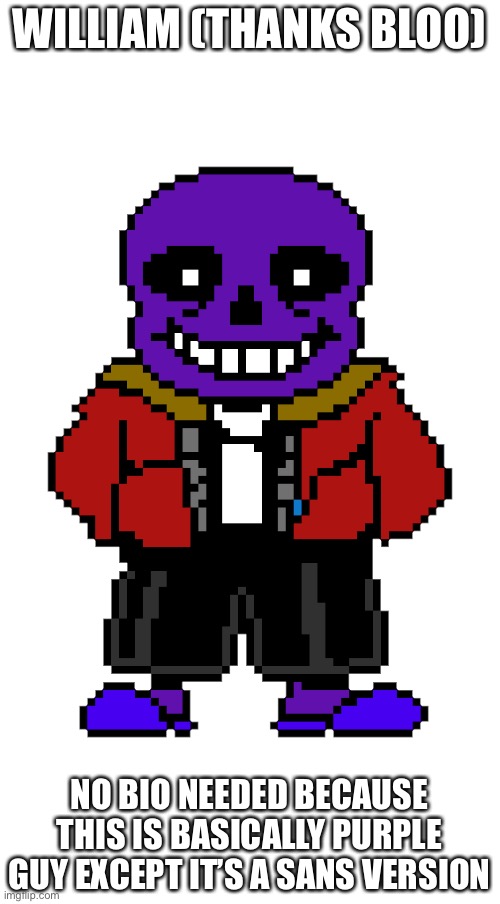 If William (purple guy) was sans | WILLIAM (THANKS BLOO); NO BIO NEEDED BECAUSE THIS IS BASICALLY PURPLE GUY EXCEPT IT’S A SANS VERSION | image tagged in fnaf,sans,undertale | made w/ Imgflip meme maker