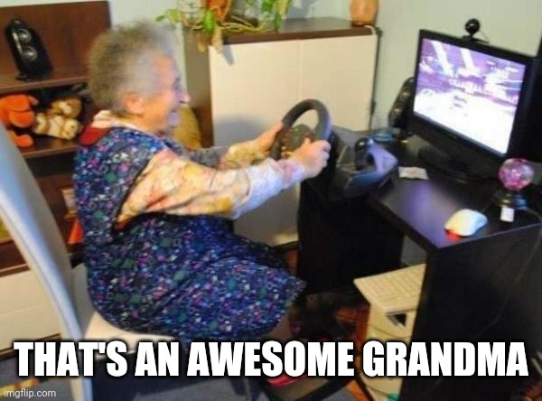 WONDER WHAT GAME SHE'S PLAYING | THAT'S AN AWESOME GRANDMA | image tagged in video games,grandma | made w/ Imgflip meme maker
