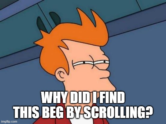 Futurama Fry Meme | WHY DID I FIND THIS BEG BY SCROLLING? | image tagged in memes,futurama fry | made w/ Imgflip meme maker