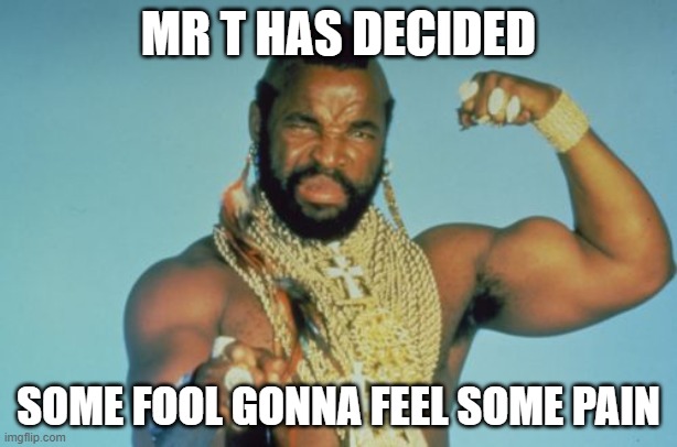 Mr T | MR T HAS DECIDED; SOME FOOL GONNA FEEL SOME PAIN | image tagged in memes,mr t,funny | made w/ Imgflip meme maker