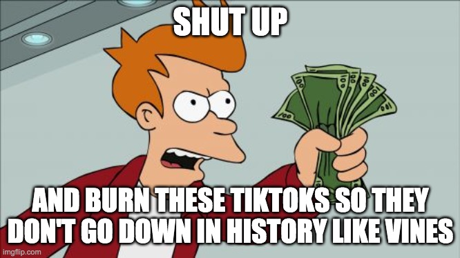 do it | SHUT UP; AND BURN THESE TIKTOKS SO THEY DON'T GO DOWN IN HISTORY LIKE VINES | image tagged in memes,shut up and take my money fry | made w/ Imgflip meme maker