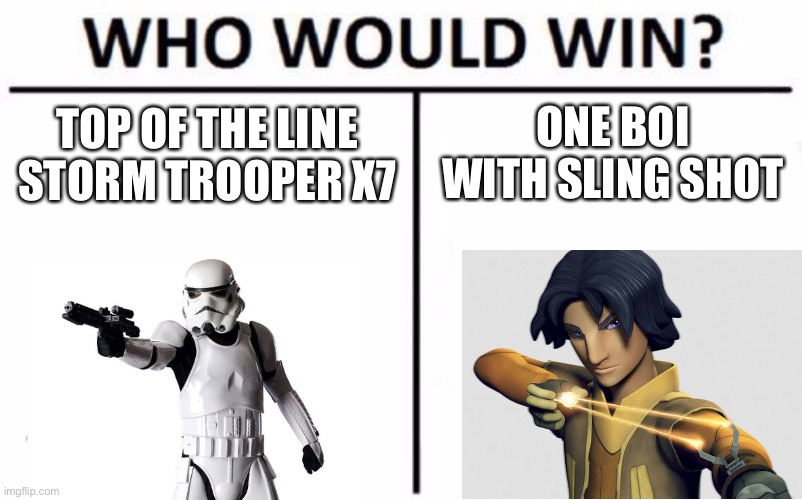 Who Would Win? | ONE BOI WITH SLING SHOT; TOP OF THE LINE STORM TROOPER X7 | image tagged in memes,who would win | made w/ Imgflip meme maker