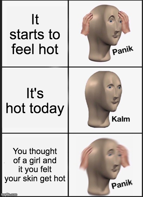 Just happened to me lol | It starts to feel hot; It's hot today; You thought of a girl and it you felt your skin get hot | image tagged in memes,panik kalm panik | made w/ Imgflip meme maker