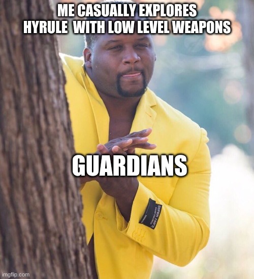 Black guy hiding behind tree | ME CASUALLY EXPLORES HYRULE  WITH LOW LEVEL WEAPONS; GUARDIANS | image tagged in black guy hiding behind tree | made w/ Imgflip meme maker