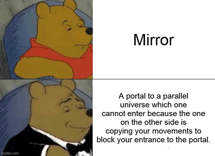 Mirror. | Mirror; A portal to a parallel universe which one cannot enter because the one on the other side is copying your movements to block your entrance to the portal. | image tagged in memes,tuxedo winnie the pooh,funny,so true memes,mirror,unnecessary tags | made w/ Imgflip meme maker