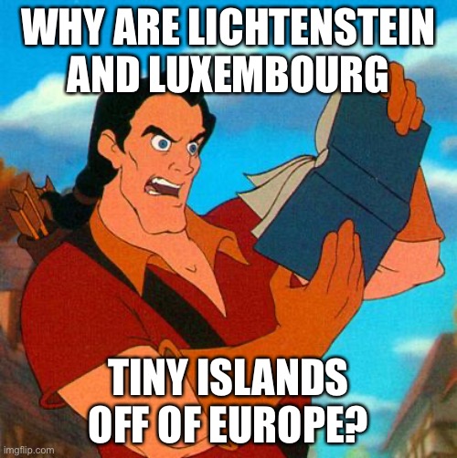 gaston reads | WHY ARE LICHTENSTEIN AND LUXEMBOURG TINY ISLANDS OFF OF EUROPE? | image tagged in gaston reads | made w/ Imgflip meme maker