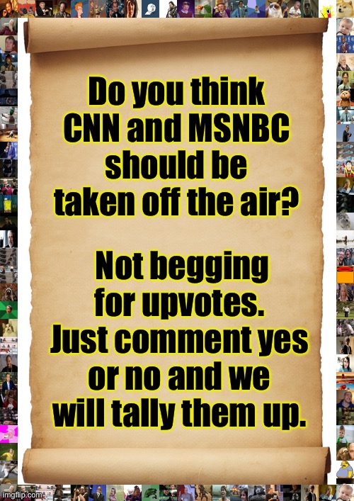 Vote Here | Do you think CNN and MSNBC should be taken off the air? Not begging for upvotes. Just comment yes or no and we will tally them up. | image tagged in blank,bye cnn and msnbc,fake news mfers | made w/ Imgflip meme maker