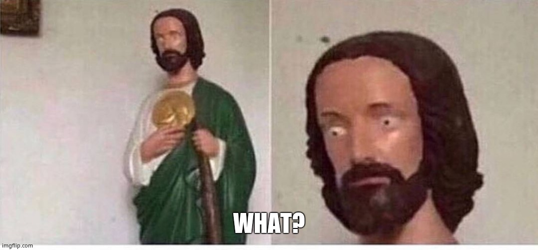 Scared jesus | WHAT? | image tagged in scared jesus | made w/ Imgflip meme maker