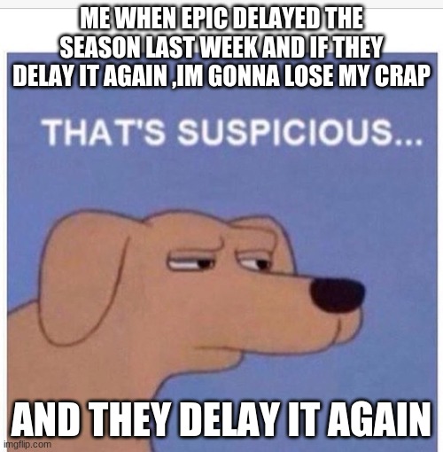 That's suspicious  | ME WHEN EPIC DELAYED THE SEASON LAST WEEK AND IF THEY DELAY IT AGAIN ,IM GONNA LOSE MY CRAP; AND THEY DELAY IT AGAIN | image tagged in that's suspicious | made w/ Imgflip meme maker