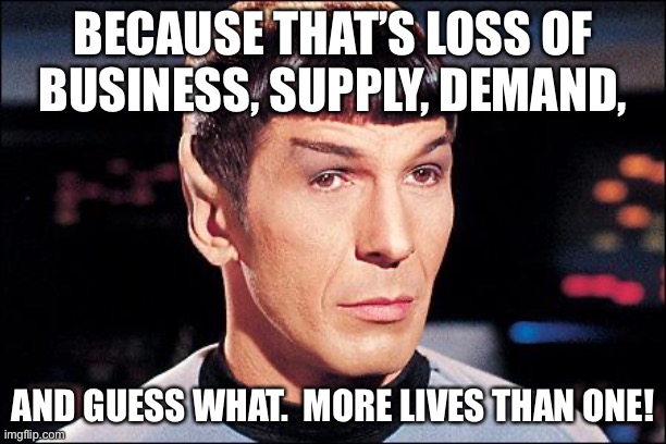 Condescending Spock | BECAUSE THAT’S LOSS OF BUSINESS, SUPPLY, DEMAND, AND GUESS WHAT.  MORE LIVES THAN ONE! | image tagged in condescending spock | made w/ Imgflip meme maker