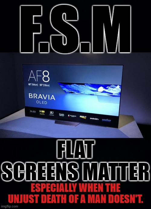 If you can Afford it or its Available through your local looting program then OLED is the best choice when Flat Screens Matter! | F.S.M; FLAT SCREENS MATTER; ESPECIALLY WHEN THE UNJUST DEATH OF A MAN DOESN'T. | image tagged in black background,black lives matter as much as anyones,facts are more unarmed whites get shot by police than any other group,the | made w/ Imgflip meme maker