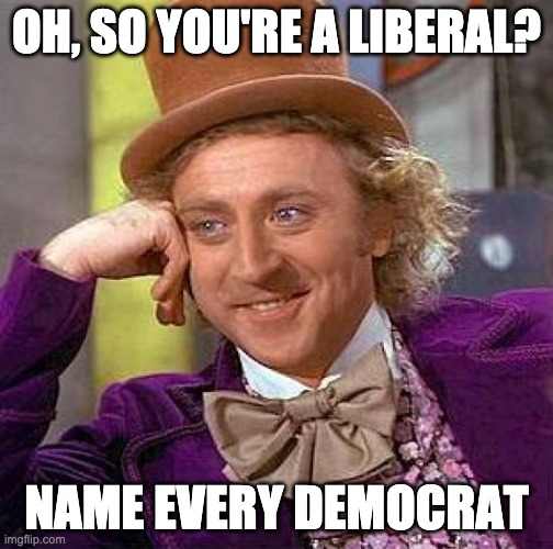 Creepy Condescending Wonka Meme | OH, SO YOU'RE A LIBERAL? NAME EVERY DEMOCRAT | image tagged in memes,creepy condescending wonka | made w/ Imgflip meme maker