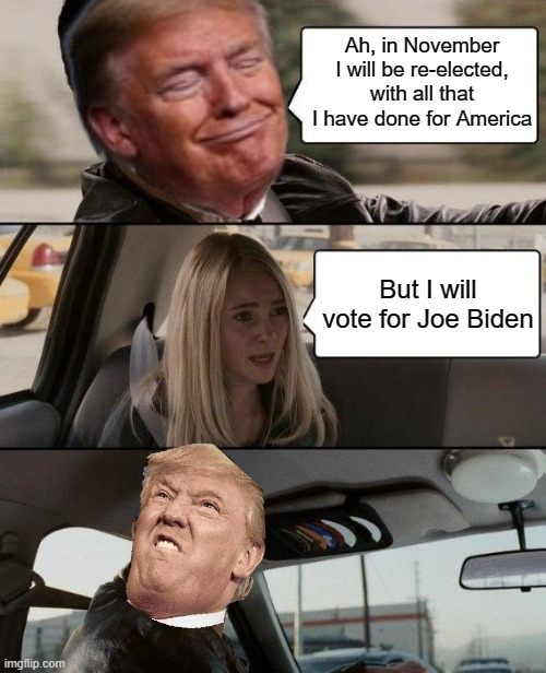 Trump and the the voters | Ah, in November I will be re-elected, with all that I have done for America; But I will vote for Joe Biden | image tagged in memes,the rock driving | made w/ Imgflip meme maker